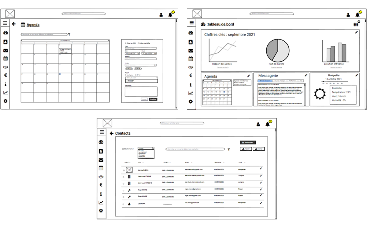 Trois captures d'écran en noir et blanc de maquettes d'interface pour un agenda, des contacts et un tableau de bord.