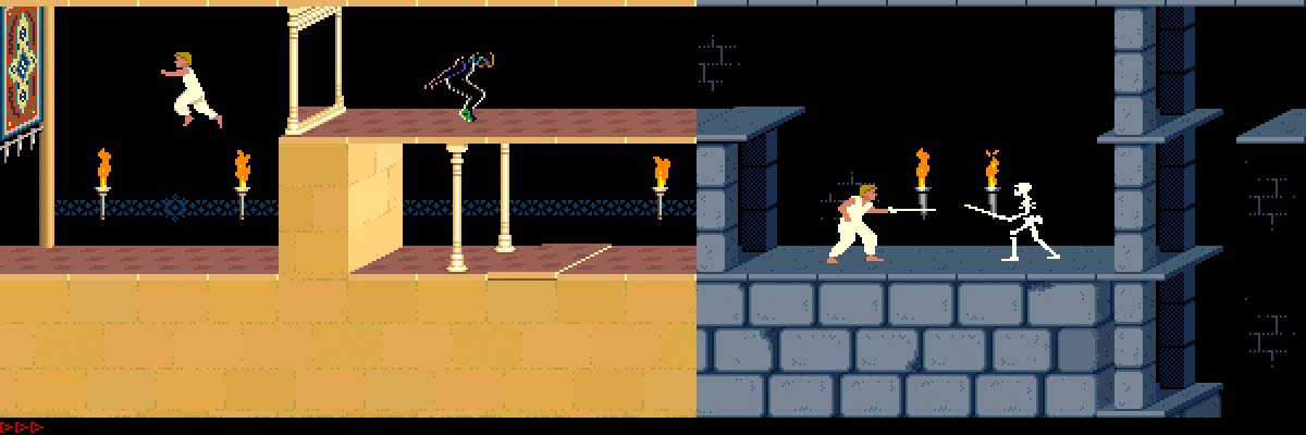 Deux captures d'écran du jeu Prince of Persia. Le graphisme est celui des années 90, les images sont pixelisées. On retrouve deux types de décors : l'un dans un vieux château avec un squelette, l'autre dans un palais des Milles et une nuits.