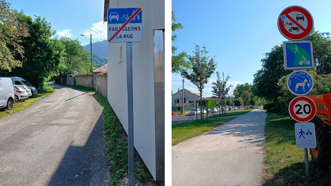 Deux exemple de signalisation routière utilisée pour les espaces partagés. L'exemple de droite présente un mât sur lequel sont posés 5 panneaux à la verticale.